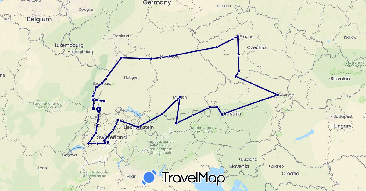 TravelMap itinerary: driving in Austria, Switzerland, Czech Republic, Germany, France, Liechtenstein (Europe)